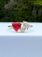 front view of two stone ring with red heart |Color:Red