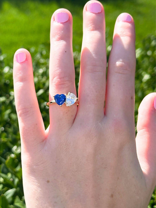 Model wearing the two stone ring in blue|Color:Blue