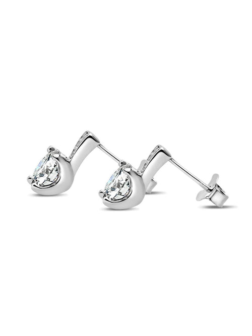 side view 1.3 carat moissanite drop earrings in 18 karat white gold with small moissanite stones above the center moissanite