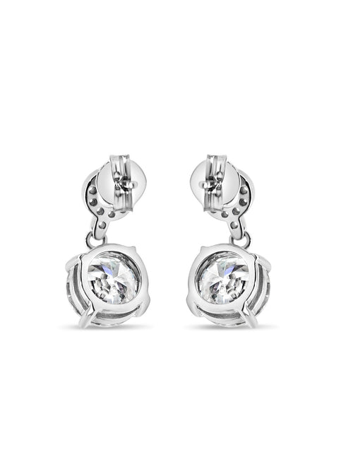 Back view of 2 carat moissanite drop earrings with a 2 carat moissanite center stone with little moissanite stones above and set in 18 karat white gold