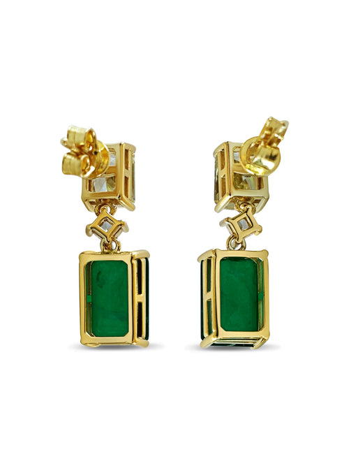 Back view of the emerald statement earrings with one large emerald and two small colorless cubic zirconia's in 14 carat yellow gold