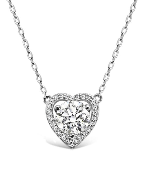zoomed in shot of heart moissanite pendant necklace
