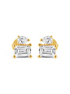 front view of raindrop earrings with two cubic zirconia stones in yellow gold