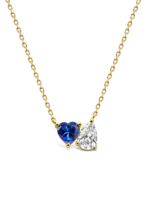 enhanced view of two stone necklace with blue heart in yellow gold|Color:Blue