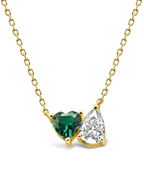 Enhanced view of the two stone necklace with a green heart gemstone in 14 karat yellow gold|Color:Green