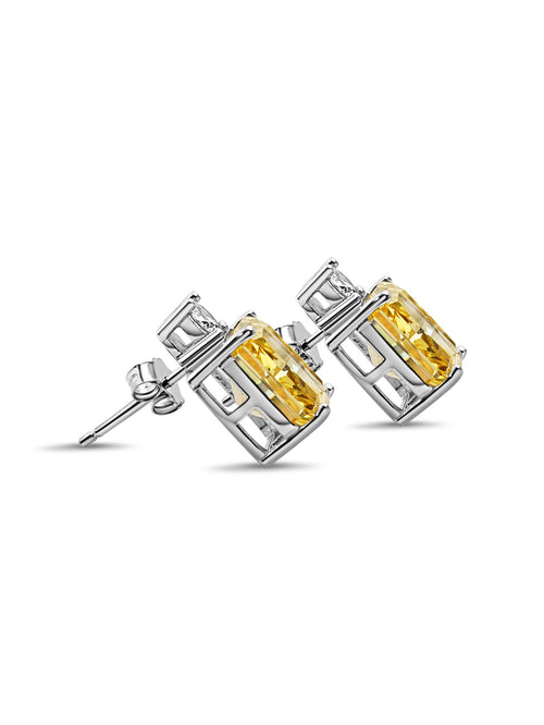 side view of yellow stone earrings with large yellow brilliant cut center stone and smaller colorless cubic zirconia stone on top