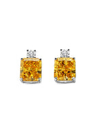 front view of yellow stone earrings with large yellow brilliant cut center stone and smaller cubic zirconia stone on top